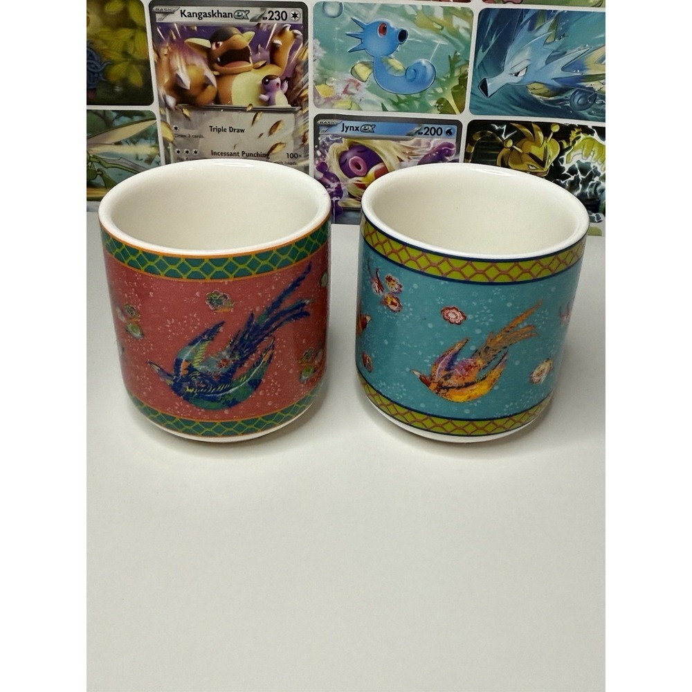 World Market Ceramic Tea Cups Set of 2 Colorful Bird Design 3"